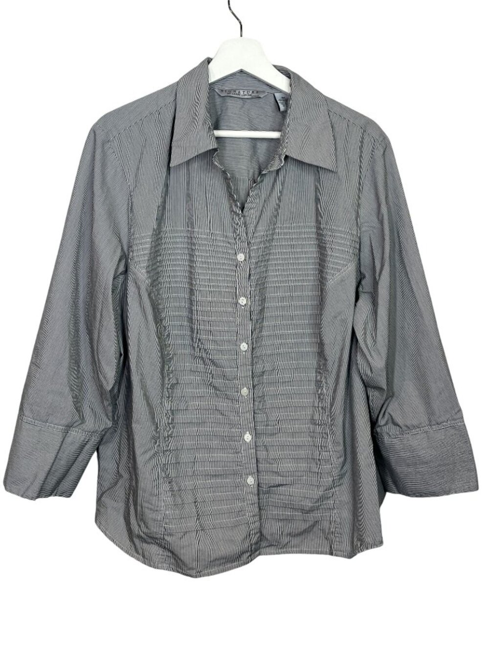 Larry Levine Womens Plus Size 3X Button Down Blouse Gray Black Stripe Career Top